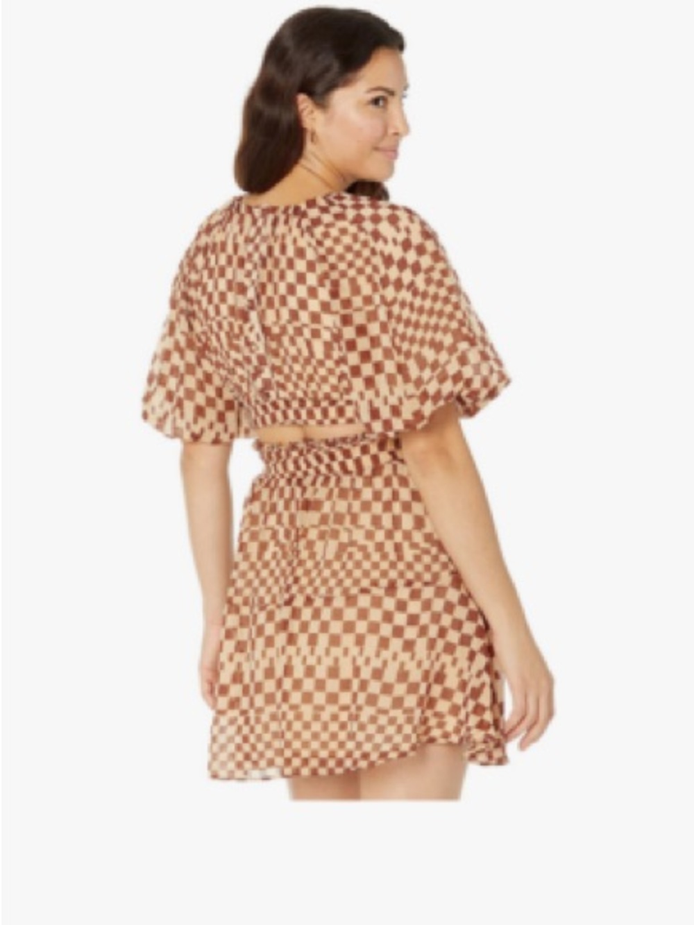 Moon River Brown & Tan Checker High-Low Puff Sleeve Dress - Picture 5 of 5